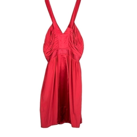 JACOB Silk Mini Dress Coral Plunge Fit Flare Medium Y2K Wedding Guest Party - Picture 2 of 11